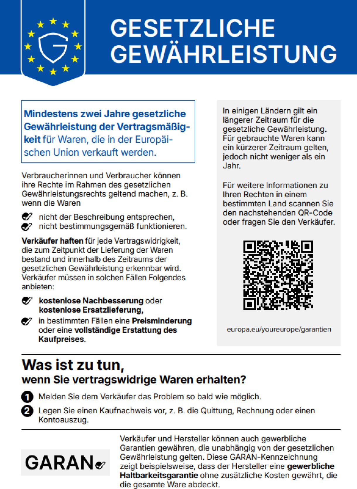 Harmonisierte Mitteilung über das gesetzliche Gewährleistungsrecht (Anhang I der Durchführungsverordnung (EU) 2025/1960) — offizielle unveränderte RGB-Fassung